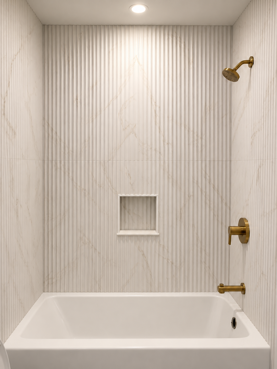 Luxury tub & shower remodel — 24" × 48" porcelain wall tile, precision waterproofing, recessed niche, and premium brass fixtures for a clean, spa-inspired finish. — 2